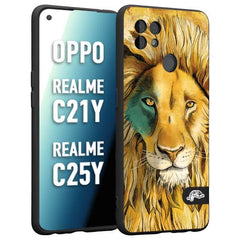 CUSTOMIZZA - Custodia cover nera morbida in tpu compatibile per Oppo Realme C21Y - C25Y leone lion disegnato a mano giallo blu a rilievo artistico brown