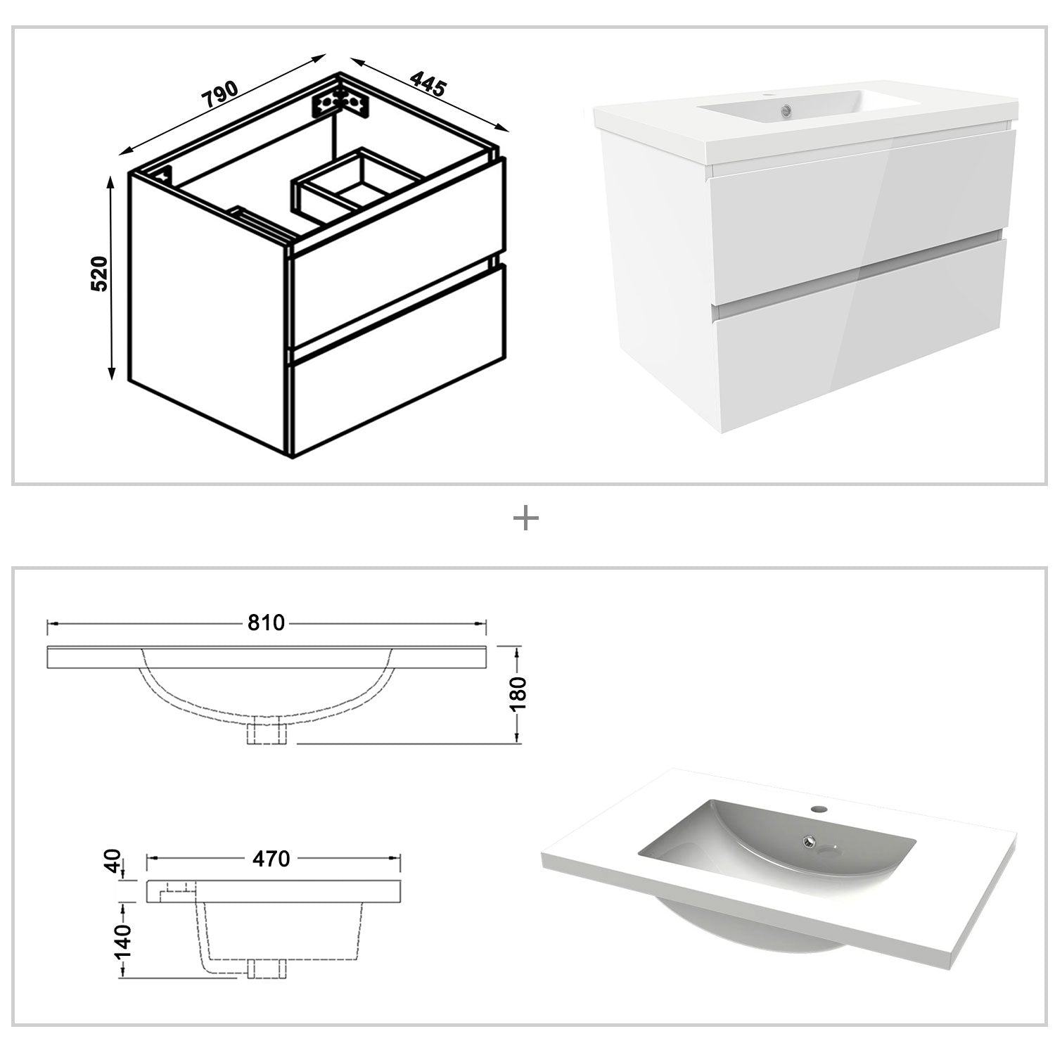 Biubiubath Badmöbel 50/60/80/100/120 cm Mineralguss-Waschtisch mit Unterschrank Badmöbel-Set Badezimmerschrank mit 2 Soft-Close-Schubladen Weiß matt/Dunkelgrau matt/Eiche matt/Weiß Hochglanz/Schwarz Hochglanz