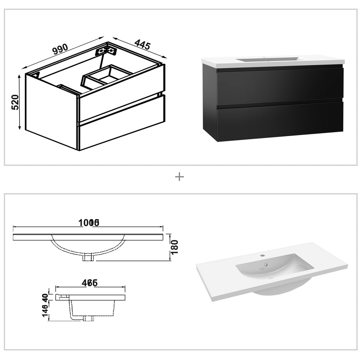 Biubiubath Badmöbel 50/60/80/100/120 cm Mineralguss-Waschtisch mit Unterschrank Badmöbel-Set Badezimmerschrank mit 2 Soft-Close-Schubladen Weiß matt/Dunkelgrau matt/Eiche matt/Weiß Hochglanz/Schwarz Hochglanz