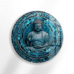 Geometric tessellations form a mesmerizing mosaic Buddha in this tranquil round art from glass wall art, radiating a sense of serenity and symmetry.
