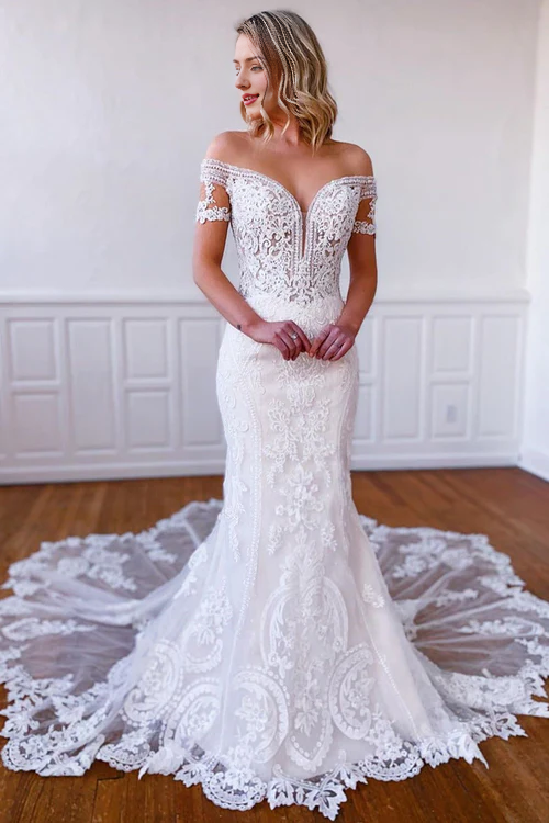 Aimishang Elegant Mermaid Off-the-Shoulder Short Sleeves Long Wedding Dresses Lace Bridal Dress