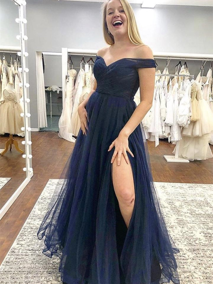 A-line Off the Shoulder Tulle Long Formal Graduation Evening Prom Dresses with Slit-BIZTUNNEL
