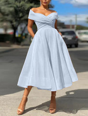 NumberSea - A - Line Prom Dresses Vintage Dress Wedding Guest Summer Tea Length Sleeveless Off Shoulder Organza Backless with Ruched