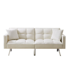 Beige Velvet Sleeper couch with two pillows
