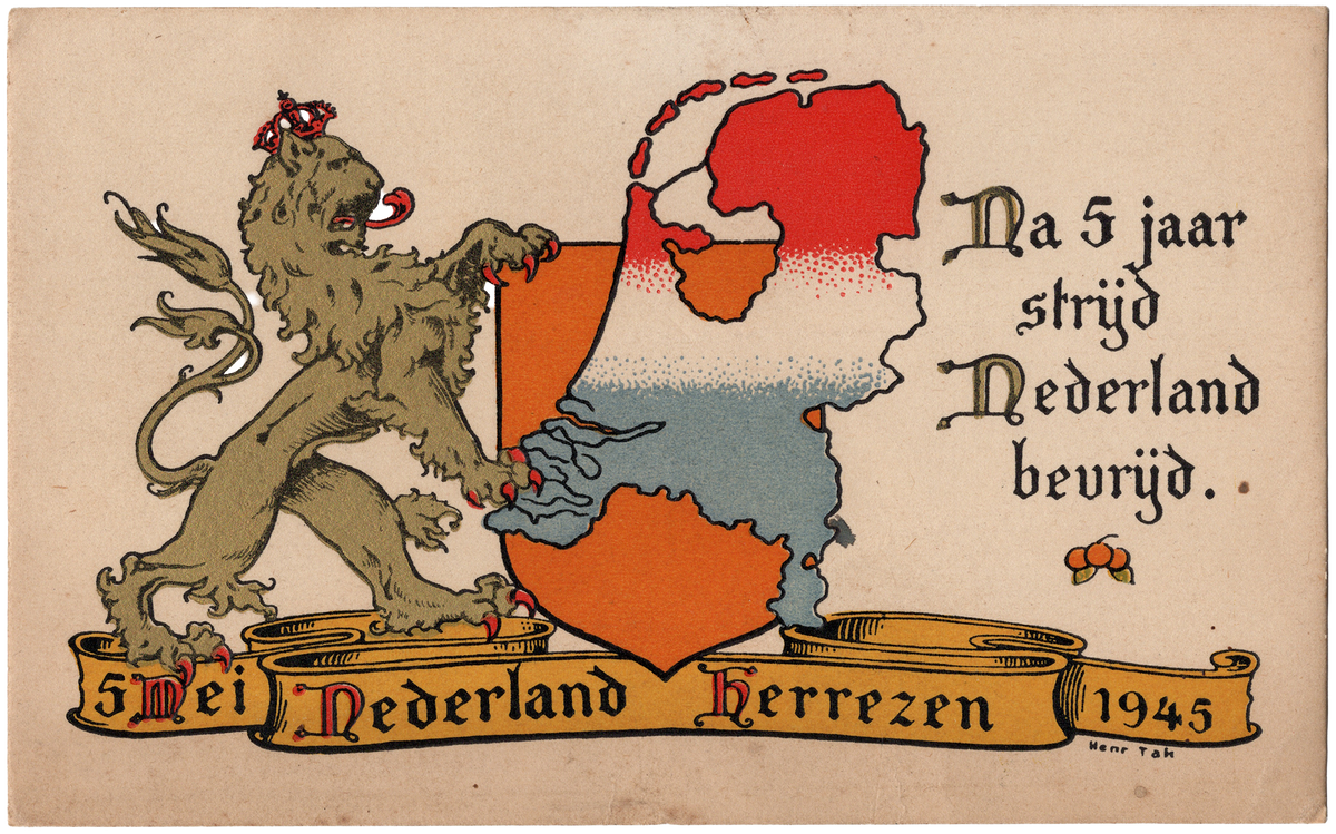 Bevrijdingskaart 1945 met Hollandse leeuw in gouden inkt en landkaart van Nederland in nationale kleuren, tekst Nederland Herrezen.