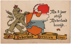 Bevrijdingskaart 1945 met Hollandse leeuw in gouden inkt en landkaart van Nederland in nationale kleuren, tekst Nederland Herrezen.