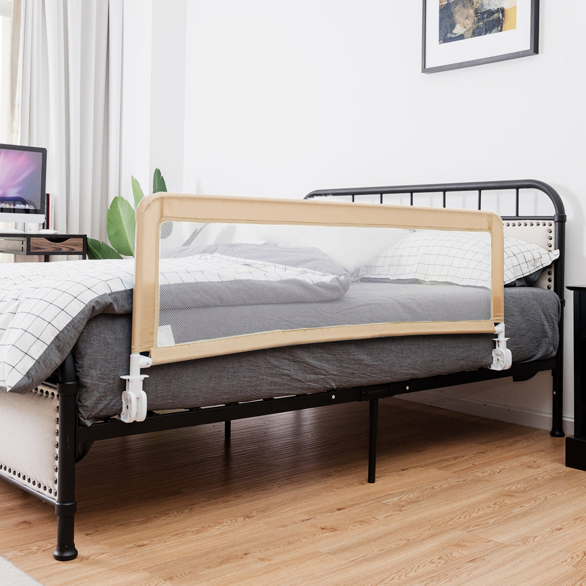 Barrière de lit bébé hauteur ajustable avec tissu en maille durable ceinture de fixation beige 20_0000222