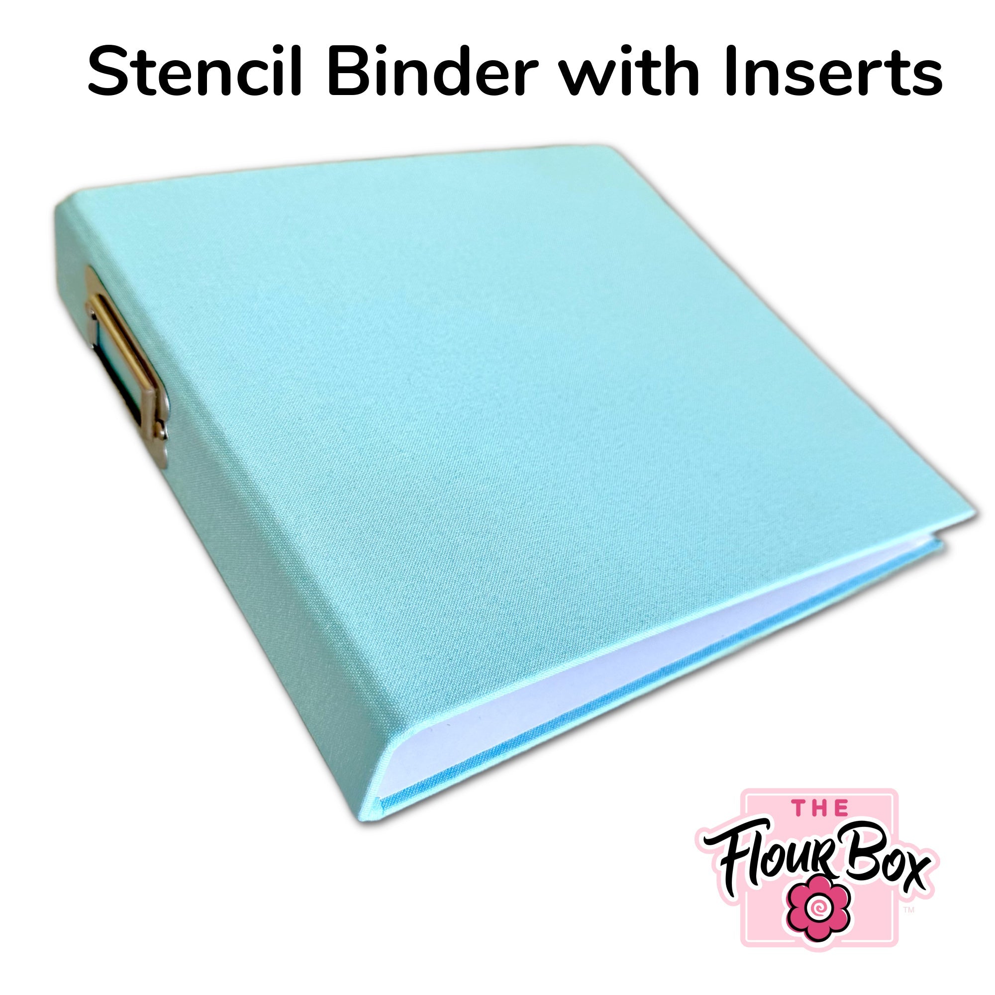 A blue stencil binder with metal ring binder mechanism on the side