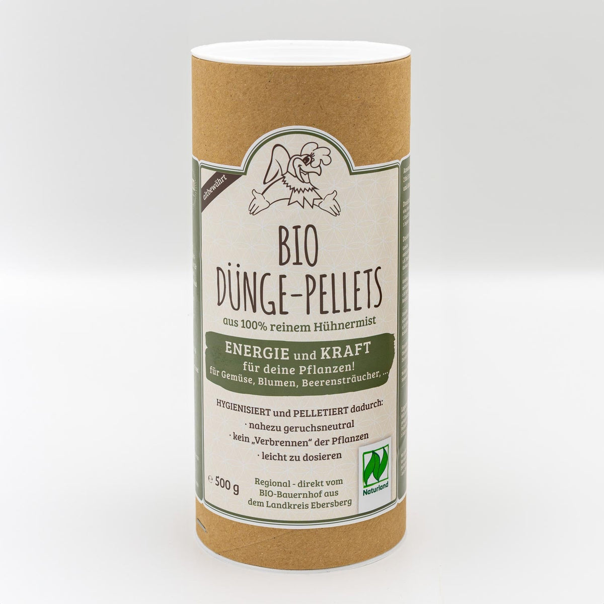 Braune Pappdose BIO Dünge Pellets vom Bio Bauernhof mit Hühnermist für Gemüse und Blumen.