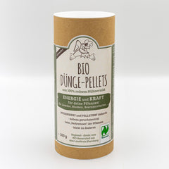 Braune Pappdose BIO Dünge Pellets vom Bio Bauernhof mit Hühnermist für Gemüse und Blumen.