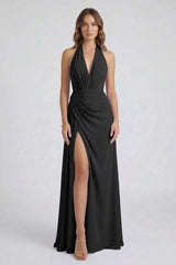 Front view of elegant black chiffon V-neck wedding guest dress