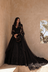 Black Gothic Luxury Satin Embroidery Long Sleeve Wedding Dress – Corset Bridal Dress Plus Size - WonderlandByLilian