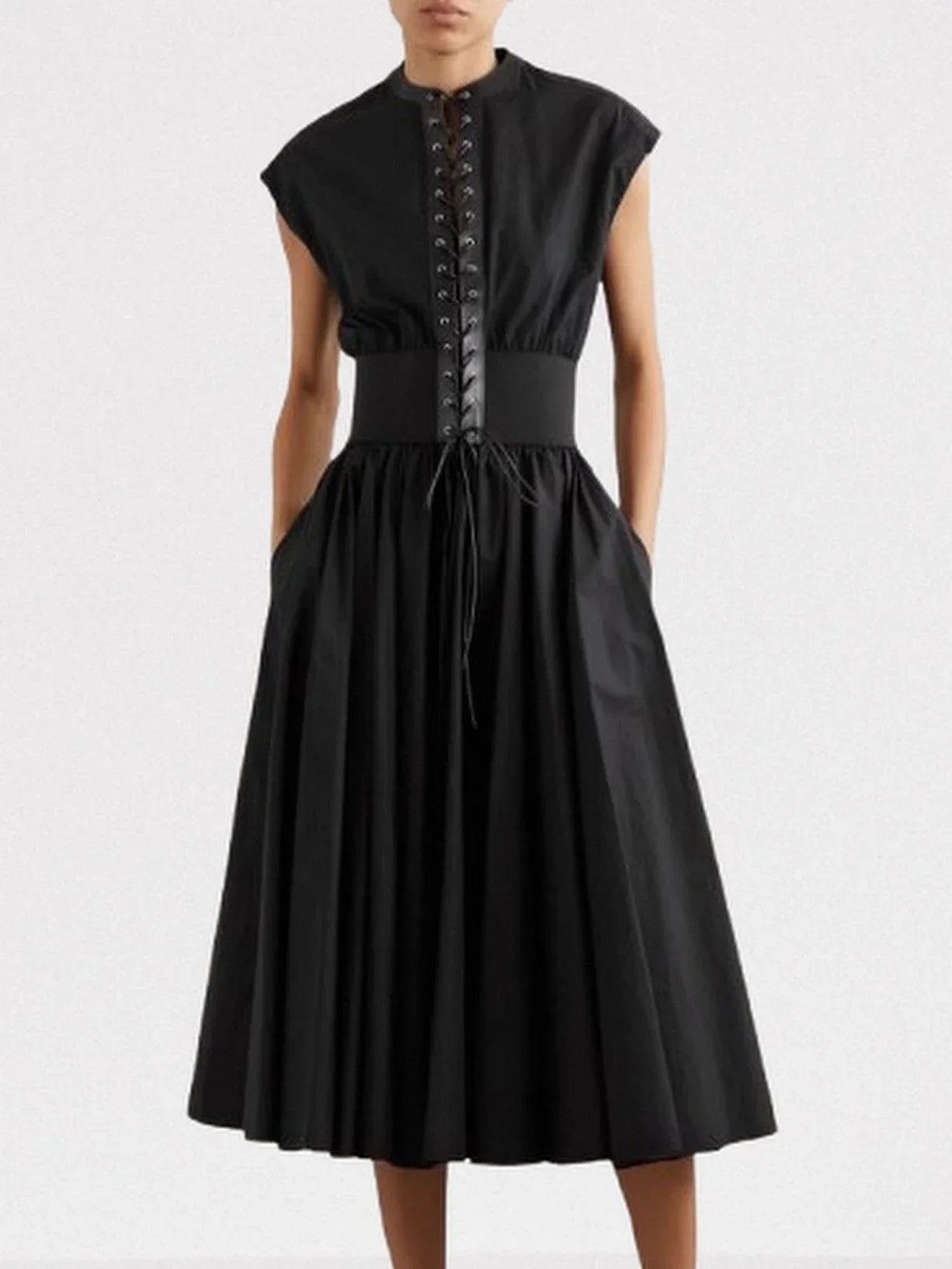 Black Leather Lace-Up Trimmed Midi Dress - Dresses