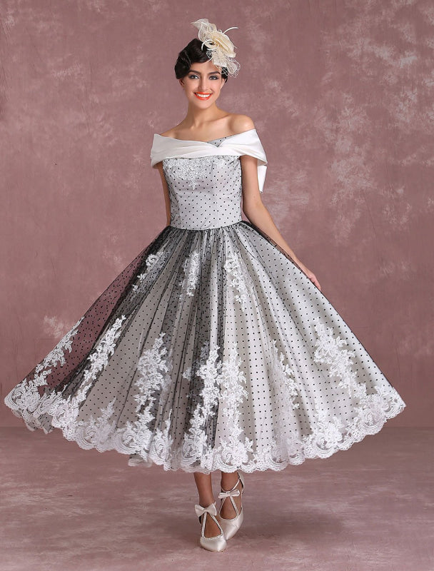 Black Wedding Dresses Vintage Short Bridal Gown Lace Off The Shoulder Polka Dot Print Bridal Dress With Bow At Back misshow