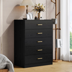 UHOMEPRO Black 5 Drawer Dresser, Chest of Drawers for Bedroom, Modern Storage Cabinet Dresser Organizer Unit with Handle for Living Room, Closet, Hallway, Nursery