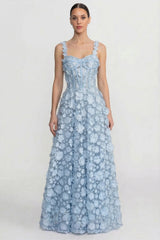 Floral Appliqué Maxi Dress With Corset Bodice - Blue