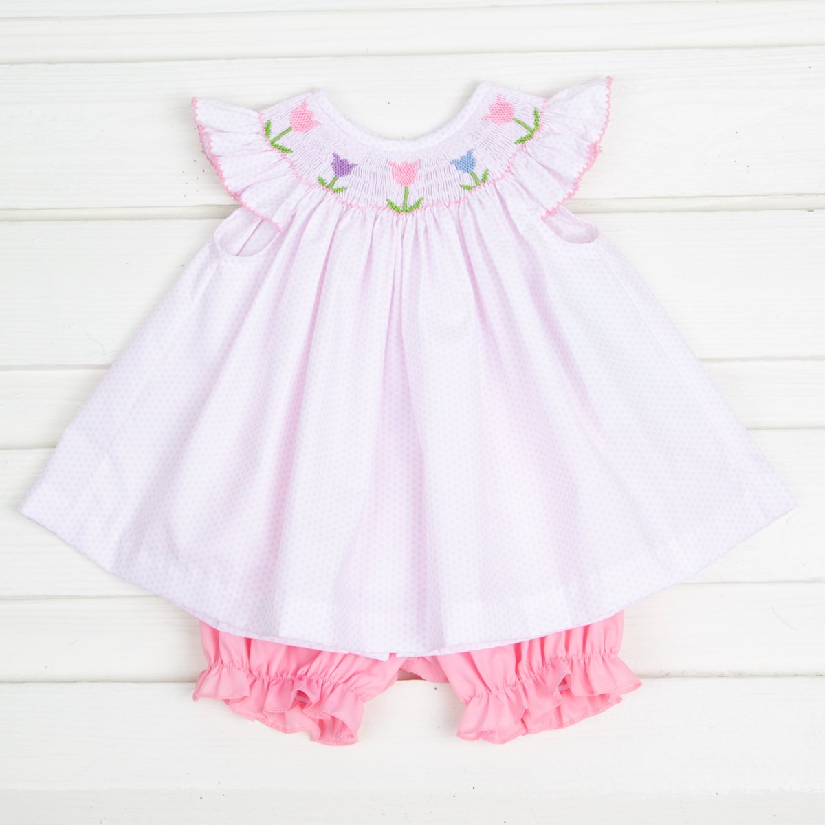 Tulip Smocked Bloomer Set Pink Dot