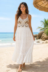 boho lace maxi dress white front view flowy summer beach dress women lightweight holiday outfit