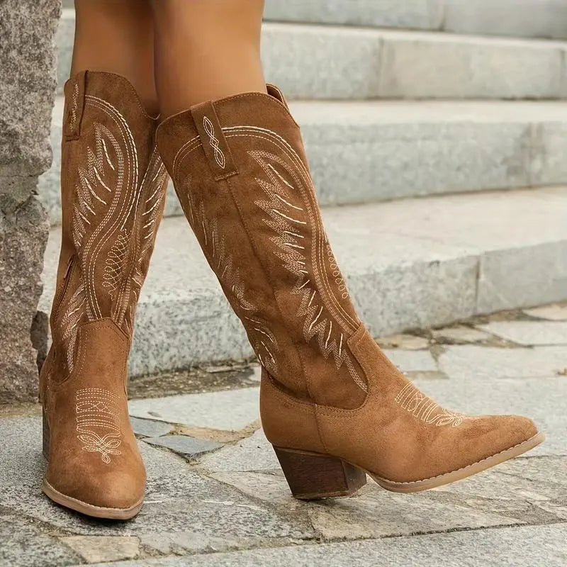 Bottes santiag femme en satin marron style western chimney boots