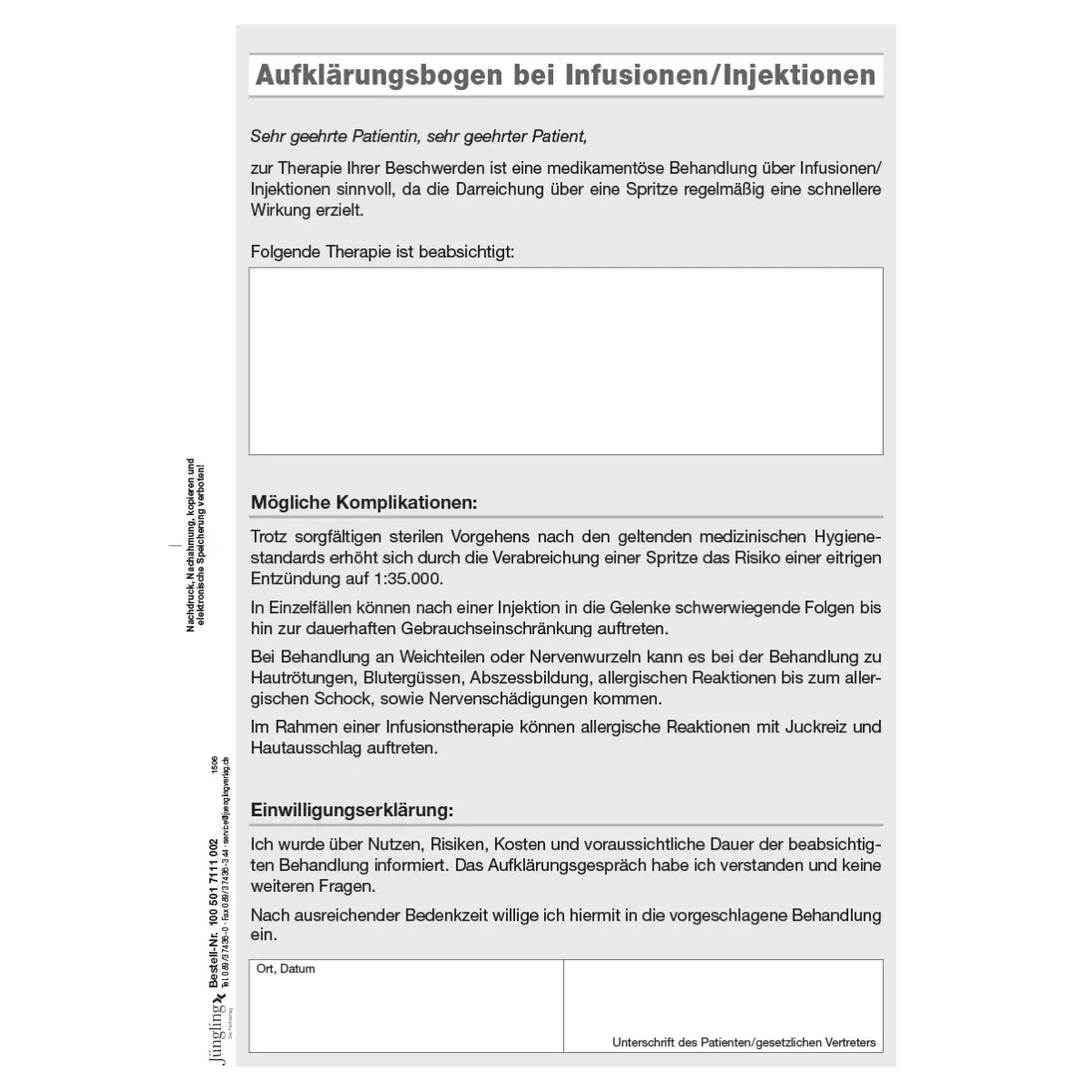 Aufklärungsbogen Infusion/Injektion, DIN A5, 2-fach, SD, 40 Satz