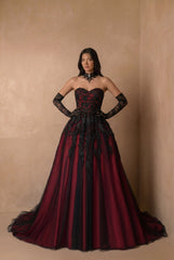 Burgundy Black Lace Strapless Gothic Ball Gown – Embroidered Tulle Full Skirt Evening Dress Gothic Bridal Dress Plus Size - WonderlandByLilian
