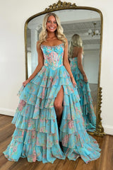 A Line Pink Floral Printed Strapless Corset Ruffle Tiered Long Chiffon Prom Dresses
