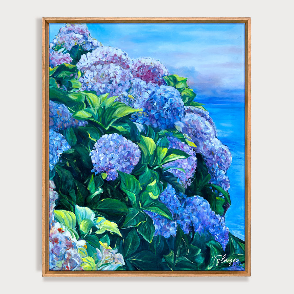 Tableau Peinture Fleurs bleues Hortensias face à l’océan