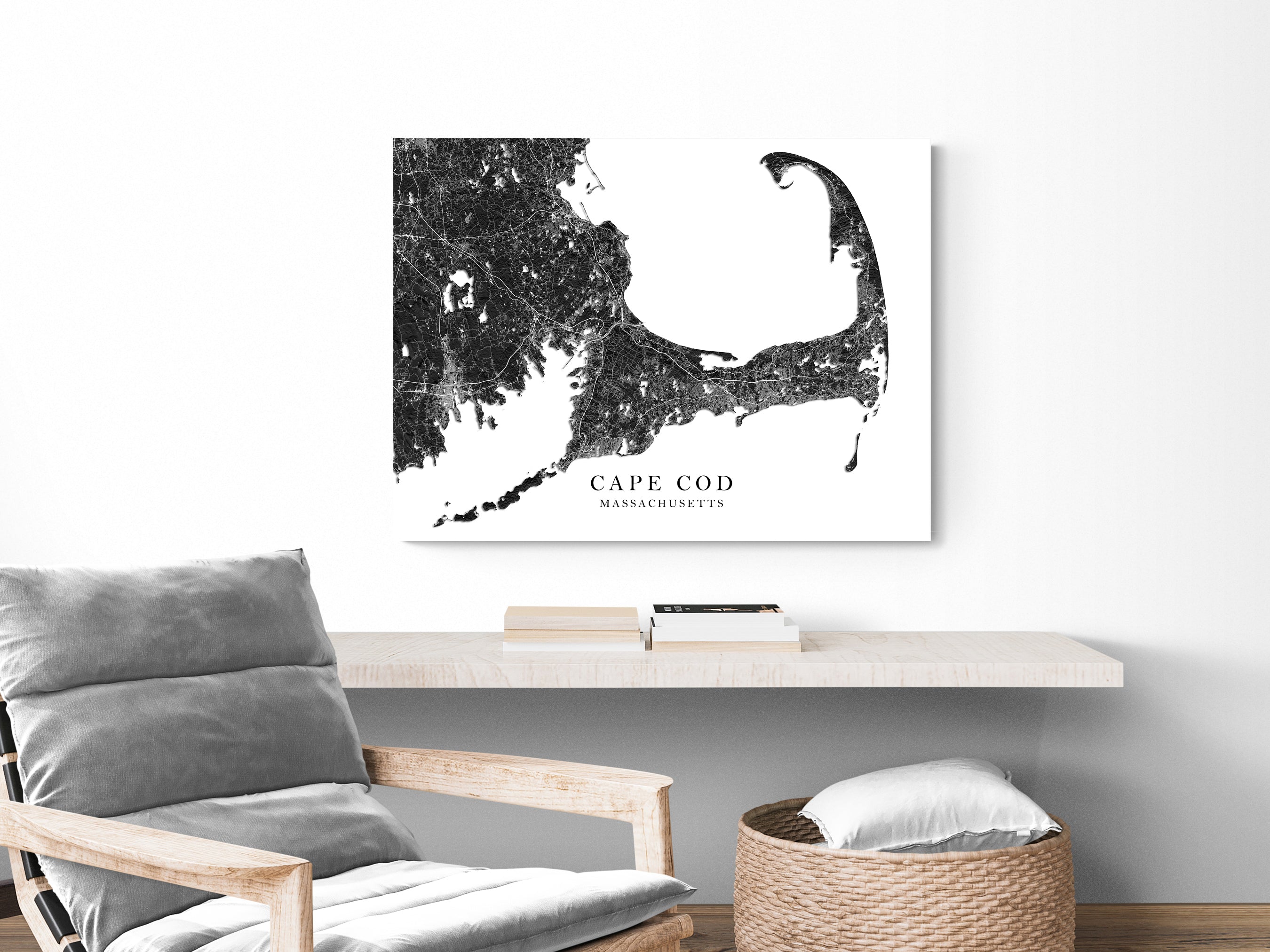 Cape Cod map print with a black and white 3D topographic landscape design by Maps As Art.