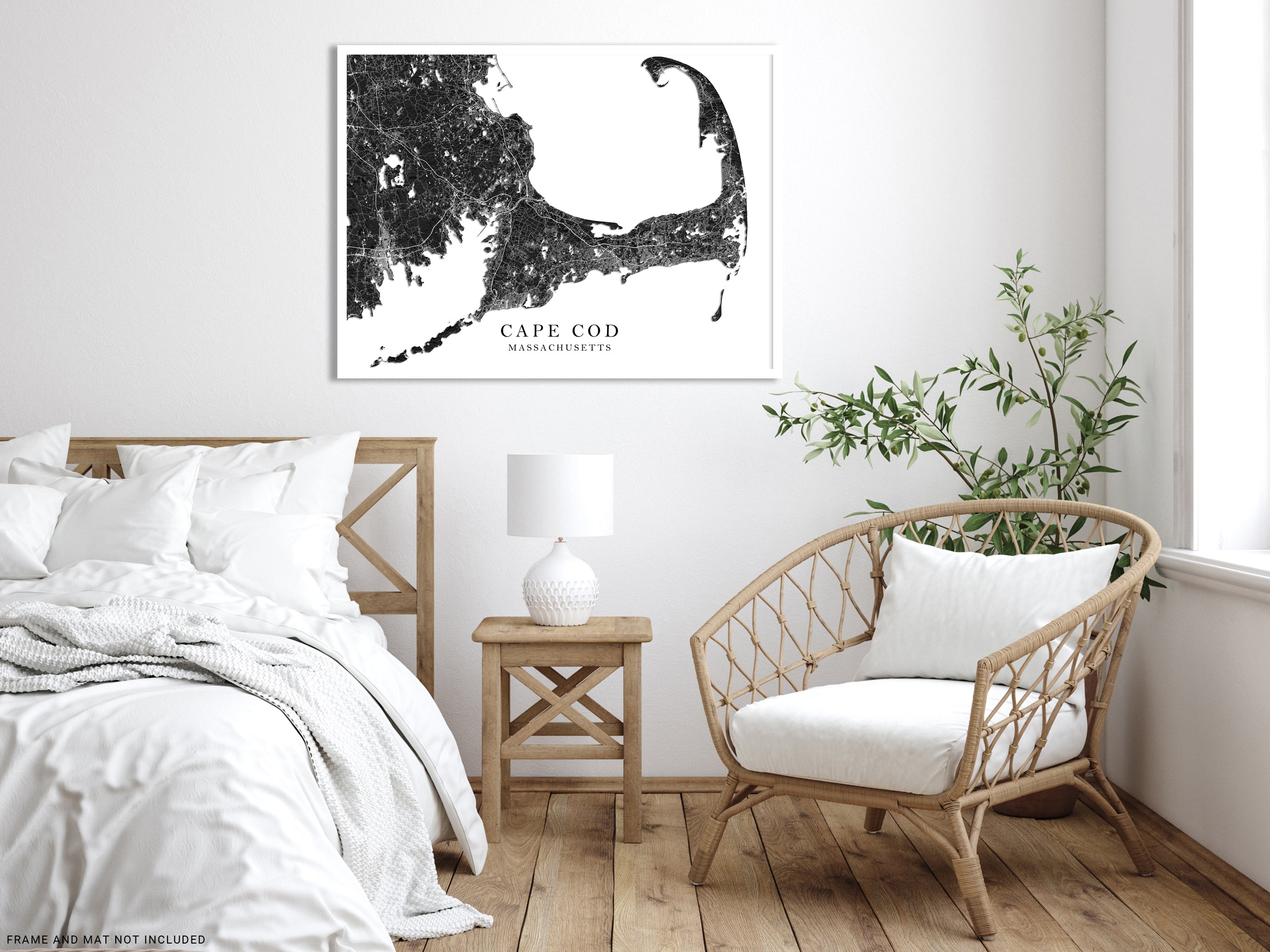 Cape Cod map print with a black and white 3D topographic landscape design by Maps As Art.