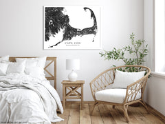 Cape Cod map print with a black and white 3D topographic landscape design by Maps As Art.