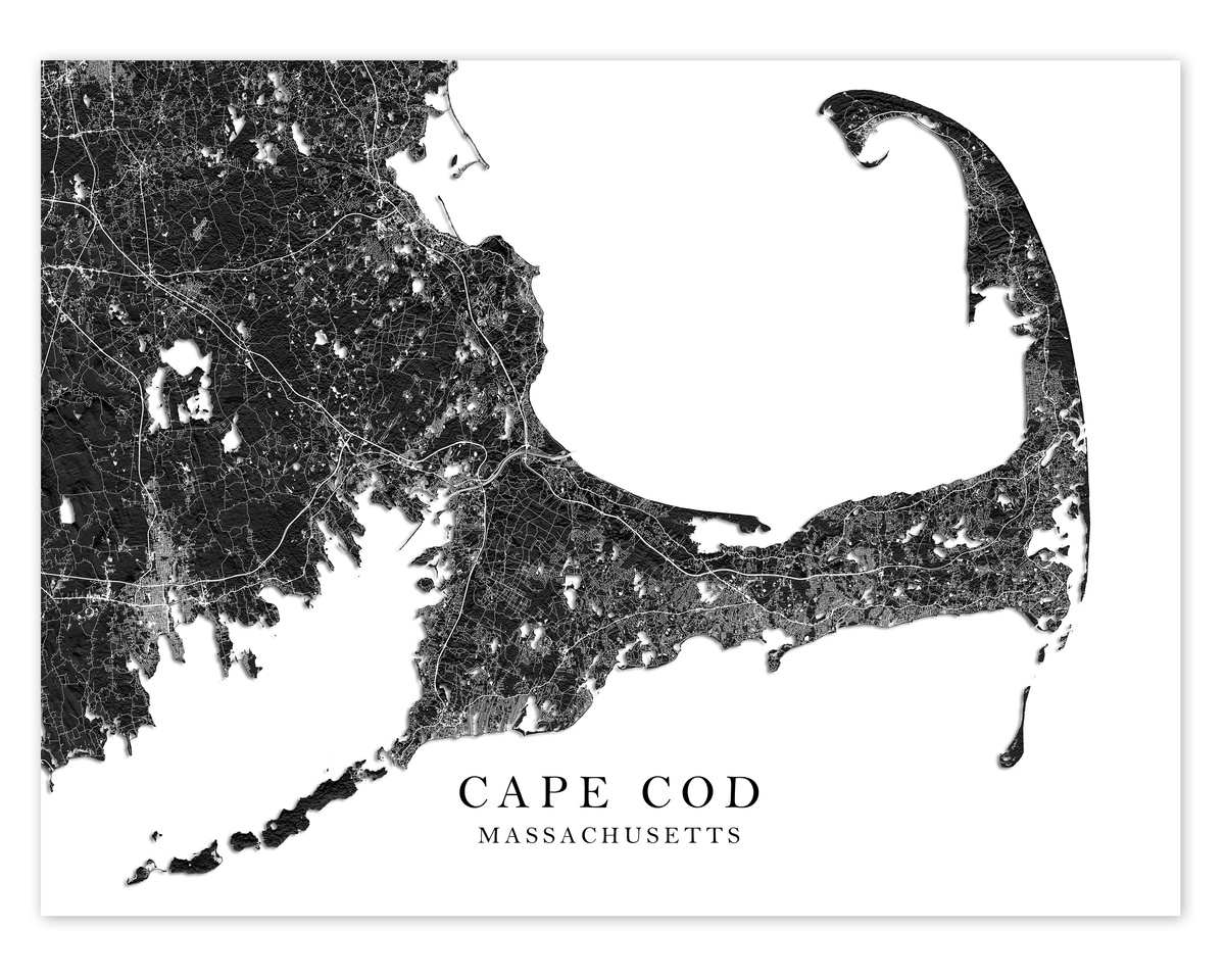 Cape Cod map print with a black and white 3D topographic landscape design by Maps As Art.