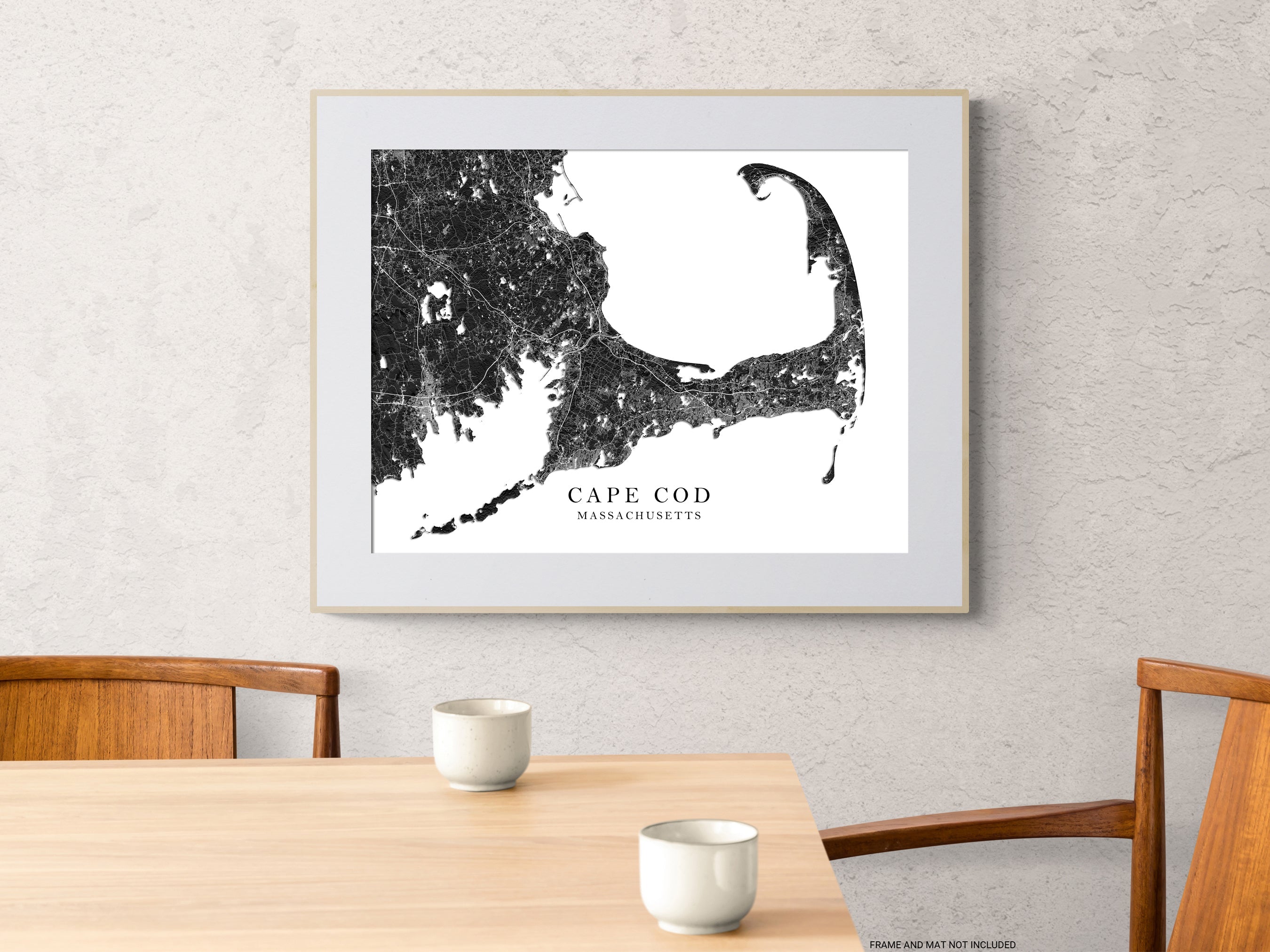 Cape Cod map print with a black and white 3D topographic landscape design by Maps As Art.