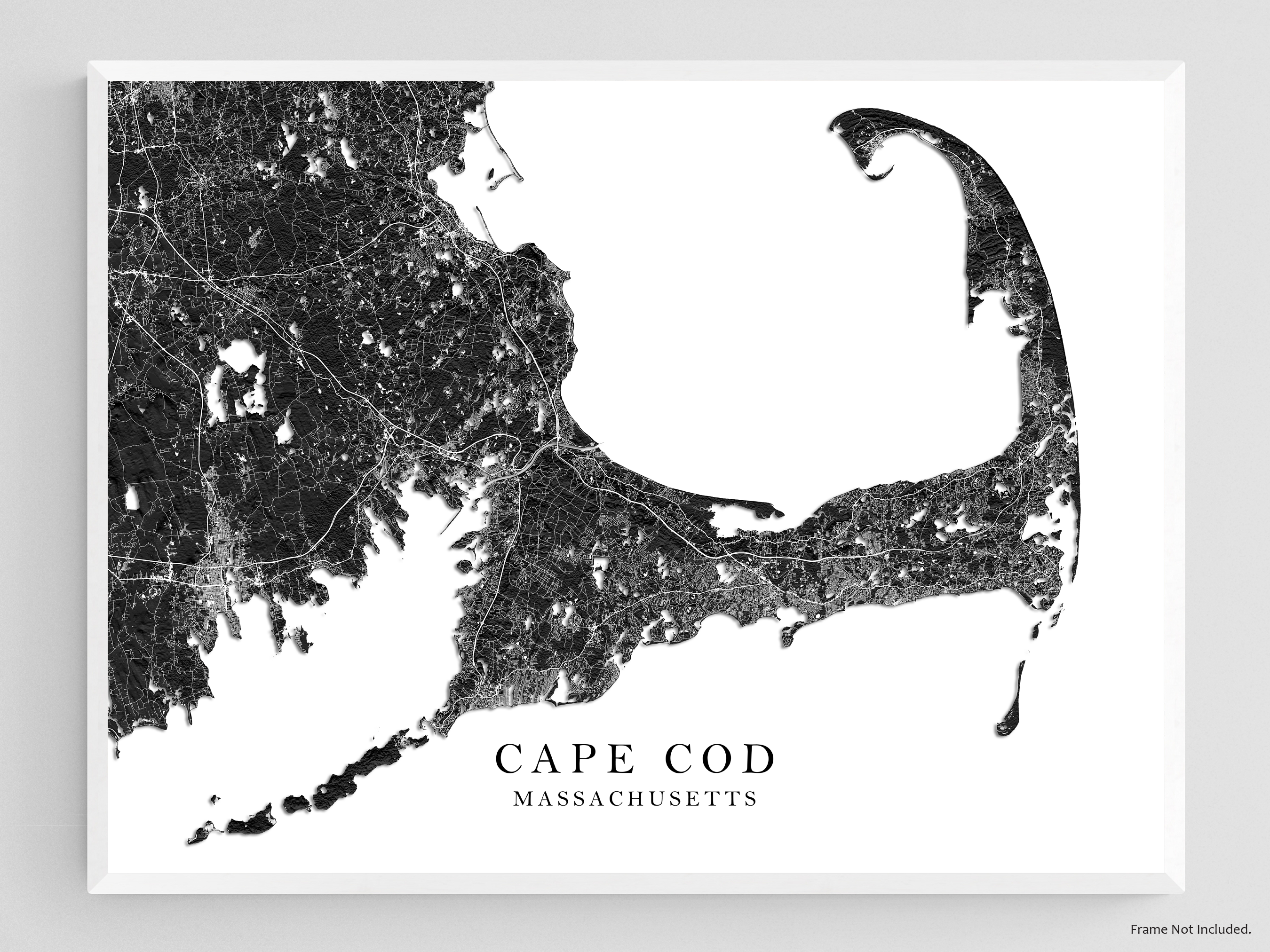 Cape Cod map print with a black and white 3D topographic landscape design by Maps As Art.