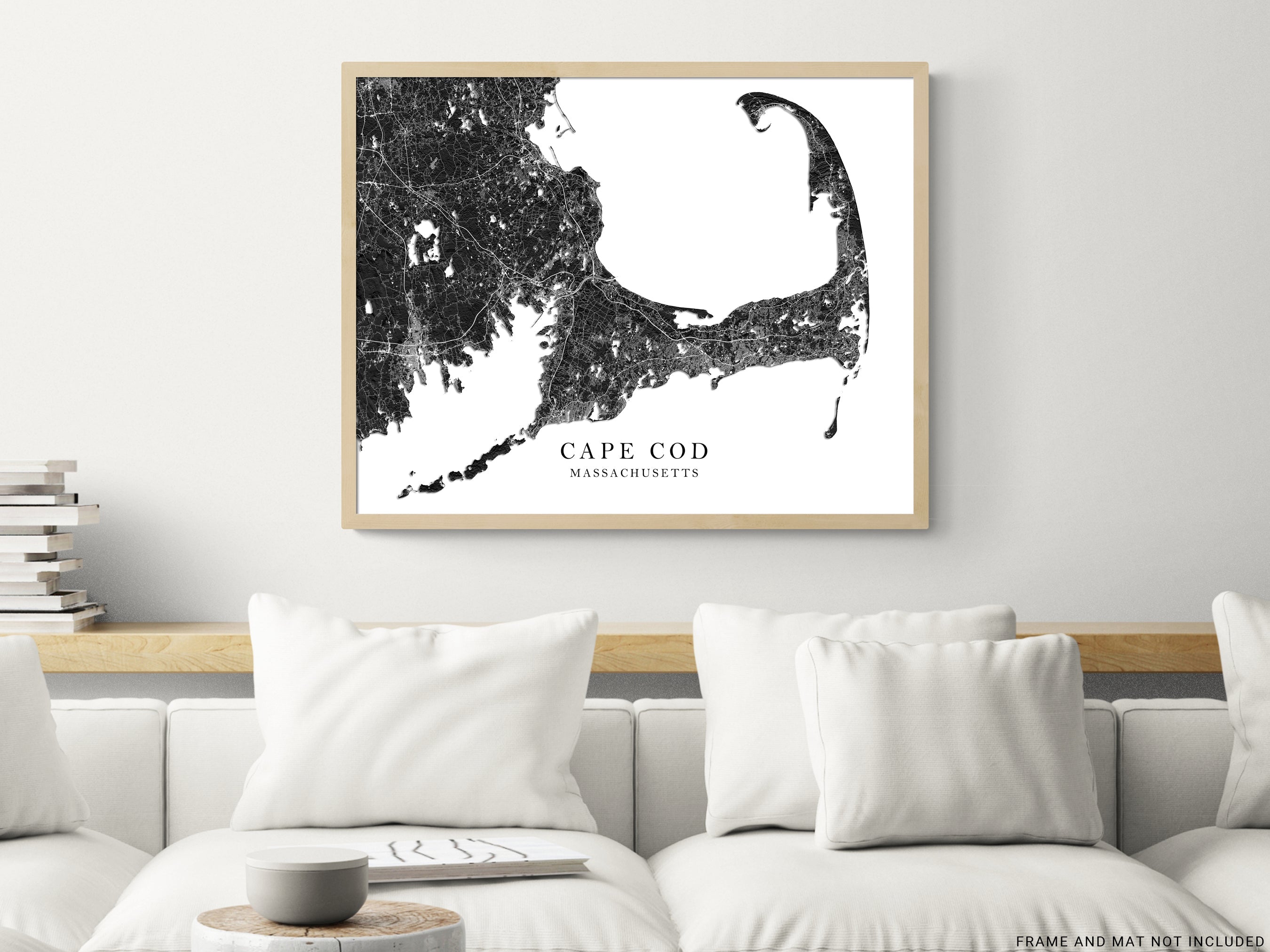 Cape Cod map print with a black and white 3D topographic landscape design by Maps As Art.