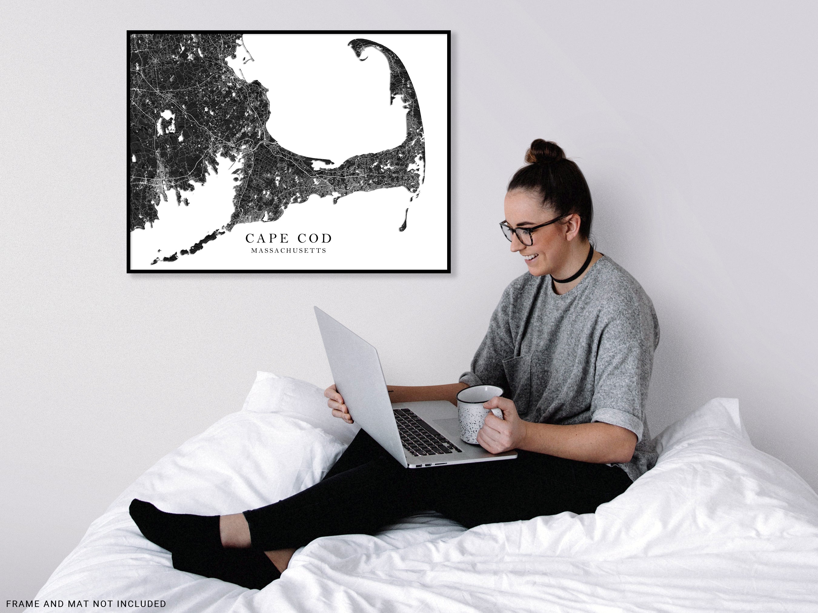 Cape Cod map print with a black and white 3D topographic landscape design by Maps As Art.