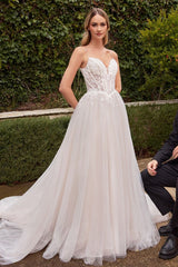 The Ladivine CD854W is a sheer lace corset wedding dress with a tulle A-line silhouette. Featuring a plunging v-neck, this dress is perfect for formal occasions. Comfortable and stylish, it's the ideal piece for your special day. Shine like a diamond on your special day in this stunning tulle A-line bridal gown. Designed with a romantic appeal, the intricately appliqued lace bodice is framed by thin straps perfect for that demure touch.