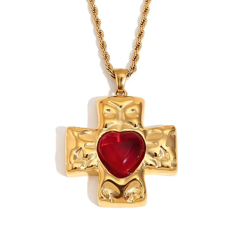 18K Vintage Heart Cross Necklace