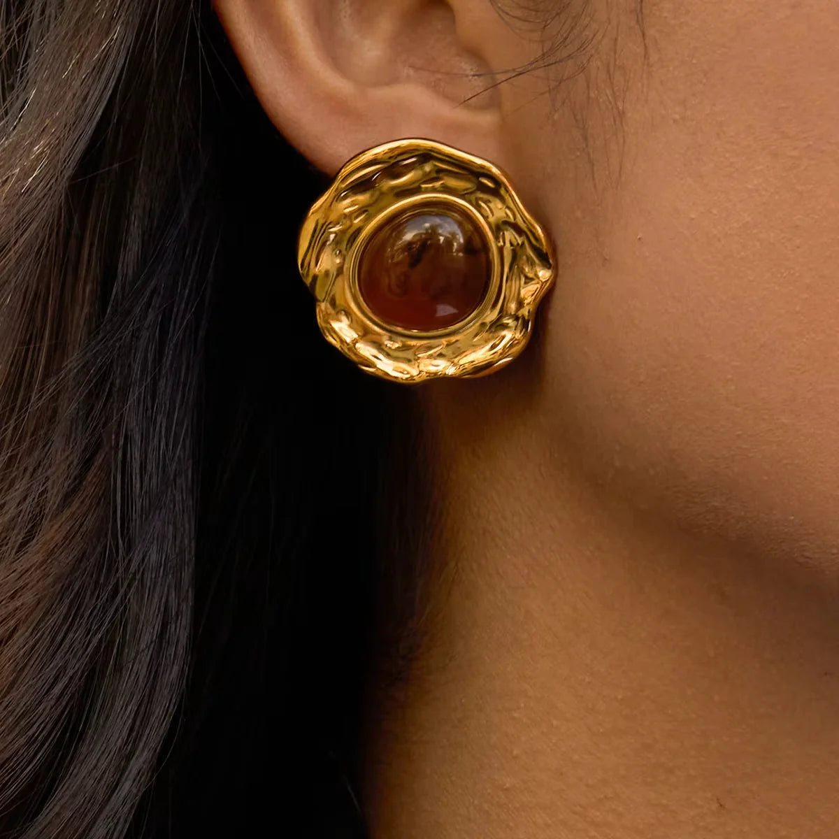 18K Amber Stone Stud Earrings