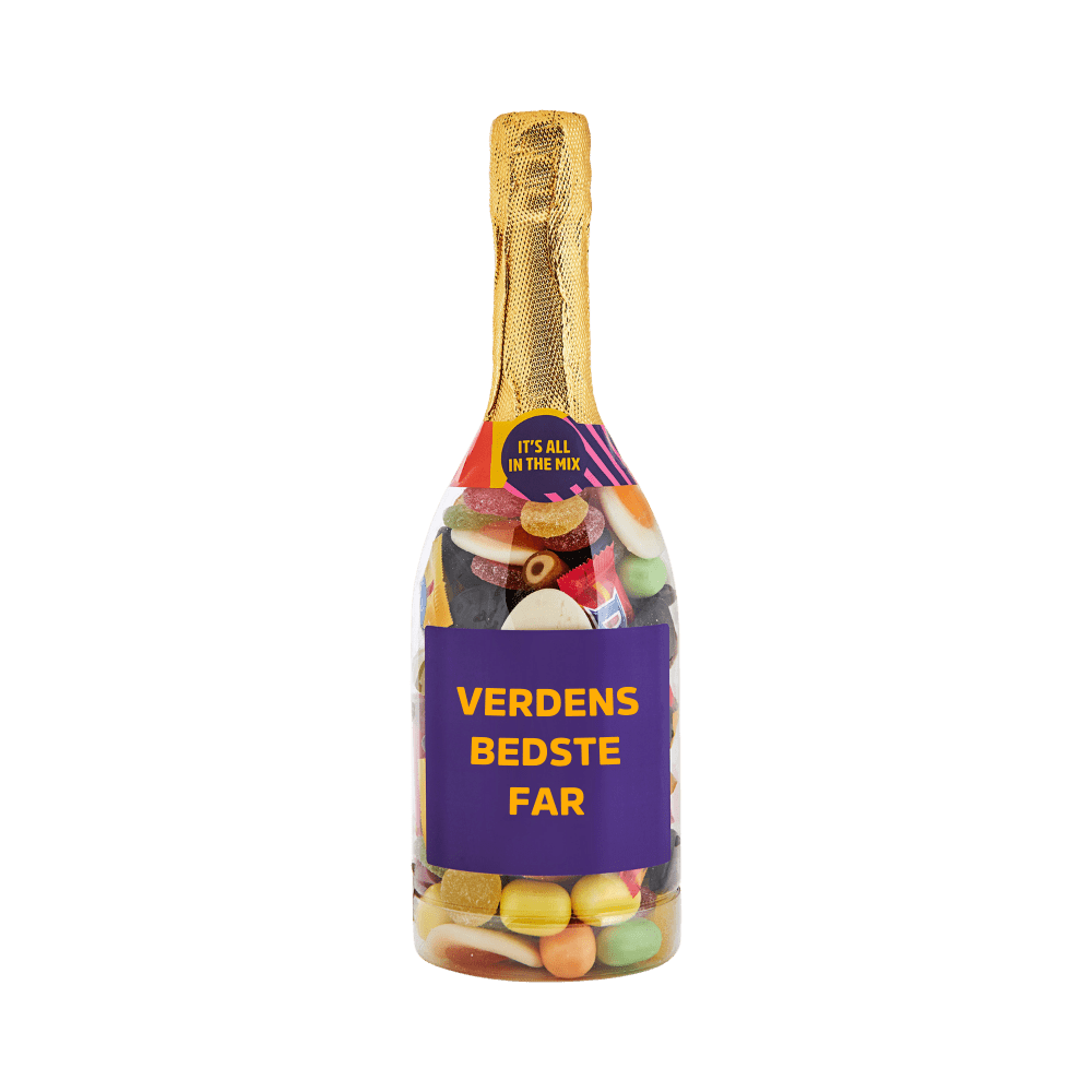 Champagneflaske fyldt med farverigt slik med teksten VERDENS BEDSTE FAR på etiketten. Gaveidé fra SlikEkspressen.