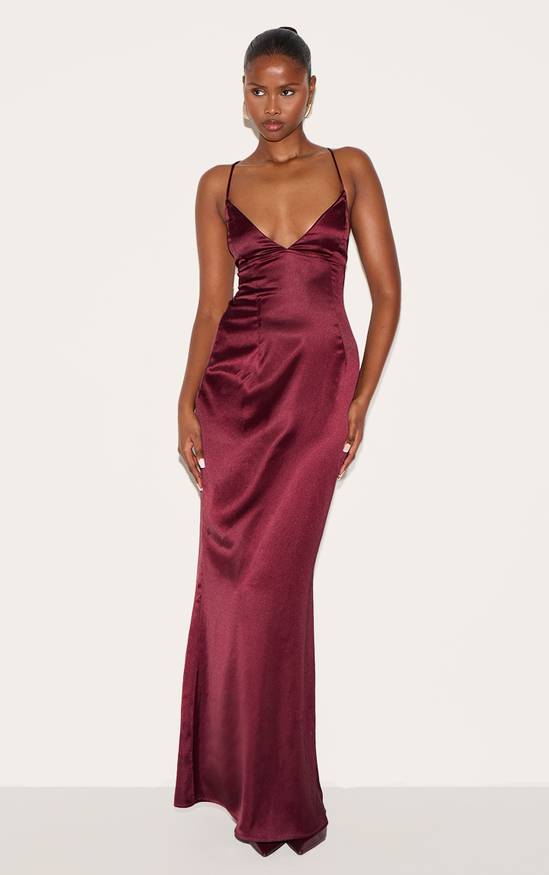 PrettyLittleThing Women's Satin Tie Back Maxi Dress in Plum