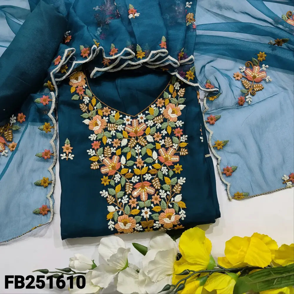 CODE FB251610: Dark blue soft silk cotton unstitched salwar material embroidered on yoke& front(lining needed)matching