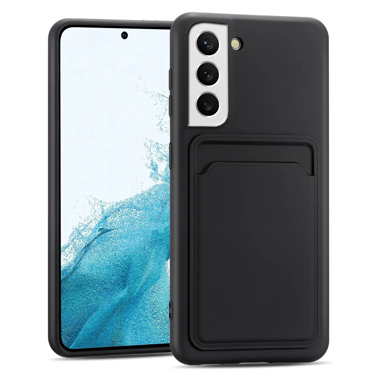 Schwarze Slim Hülle aus Kunststoff mit Kartenfach, zeigt Samsung Galaxy S22, Vorderansicht.