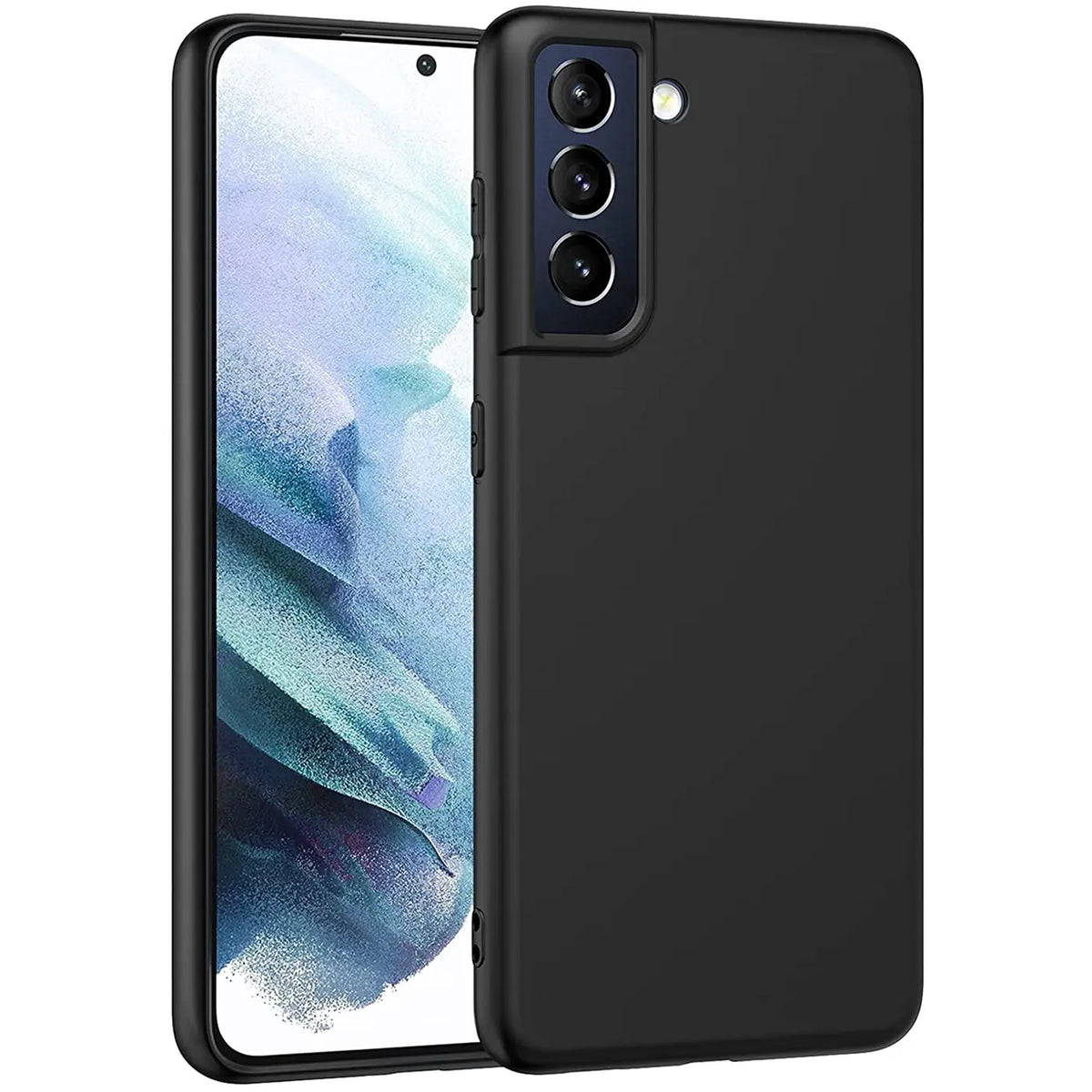 Schwarze Silikonhülle matt, von schräg vorne, zeigt Samsung Galaxy S21 FE mit Kamera.