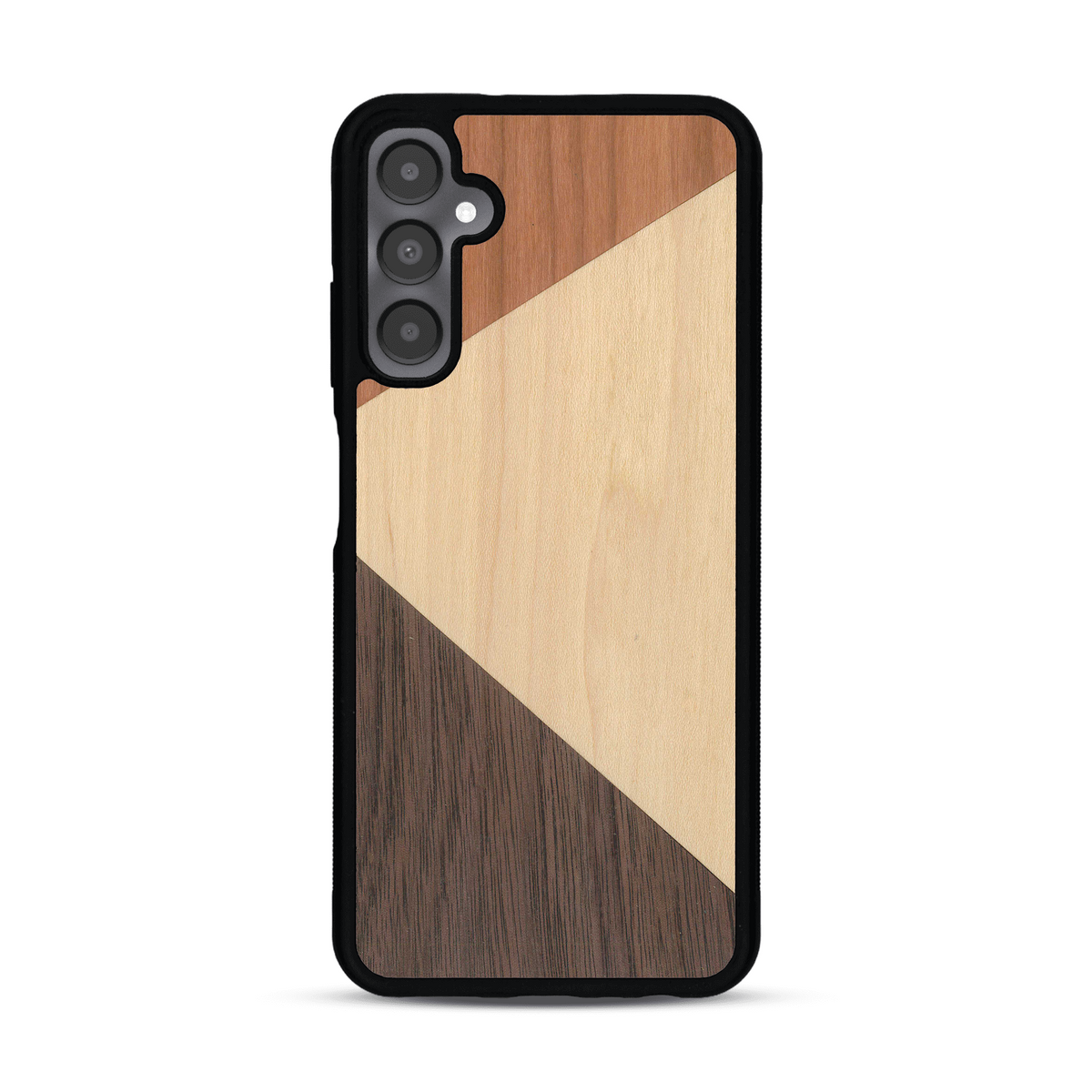 Coque de protection en bois véritable fabriquée en France pour  alliant du merisier, du noyer et du bambou formant chacun deux triangles et un trapèze avec deux jointures en diagonale sur le thème de l'art abstrait