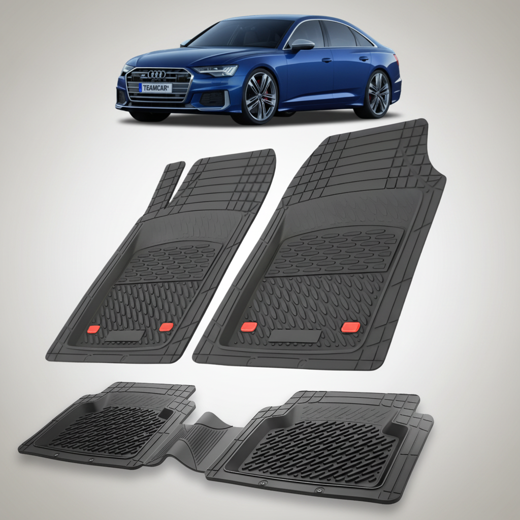 set de covorase din cauciuc negre cu un audi A6 C8 sedan albastru in fundal