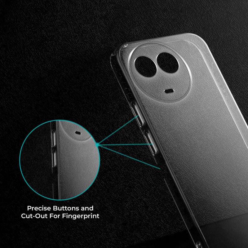 Close-up view of transparent case showing precise button cutouts and responsive side button coverage for Realme 11x 5G