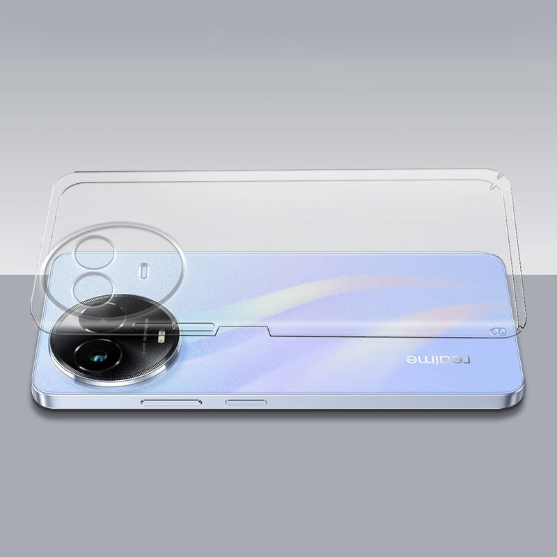 Transparent hard back case being installed on Realme 11x 5G showing perfect alignment and camera protection fit
