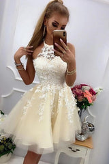 Cute A-line Halter Tulle Lace Short Prom Dresses for Teens-BIZTUNNEL