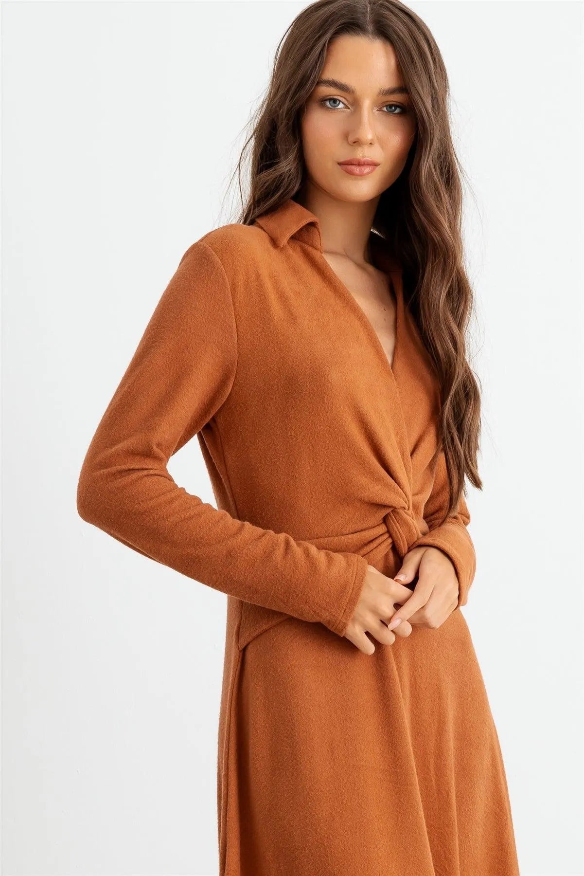 Rust Collar Neck Long Sleeve Twist Front Midi Dress /2-2-2 - Tasha Apparel Wholesale