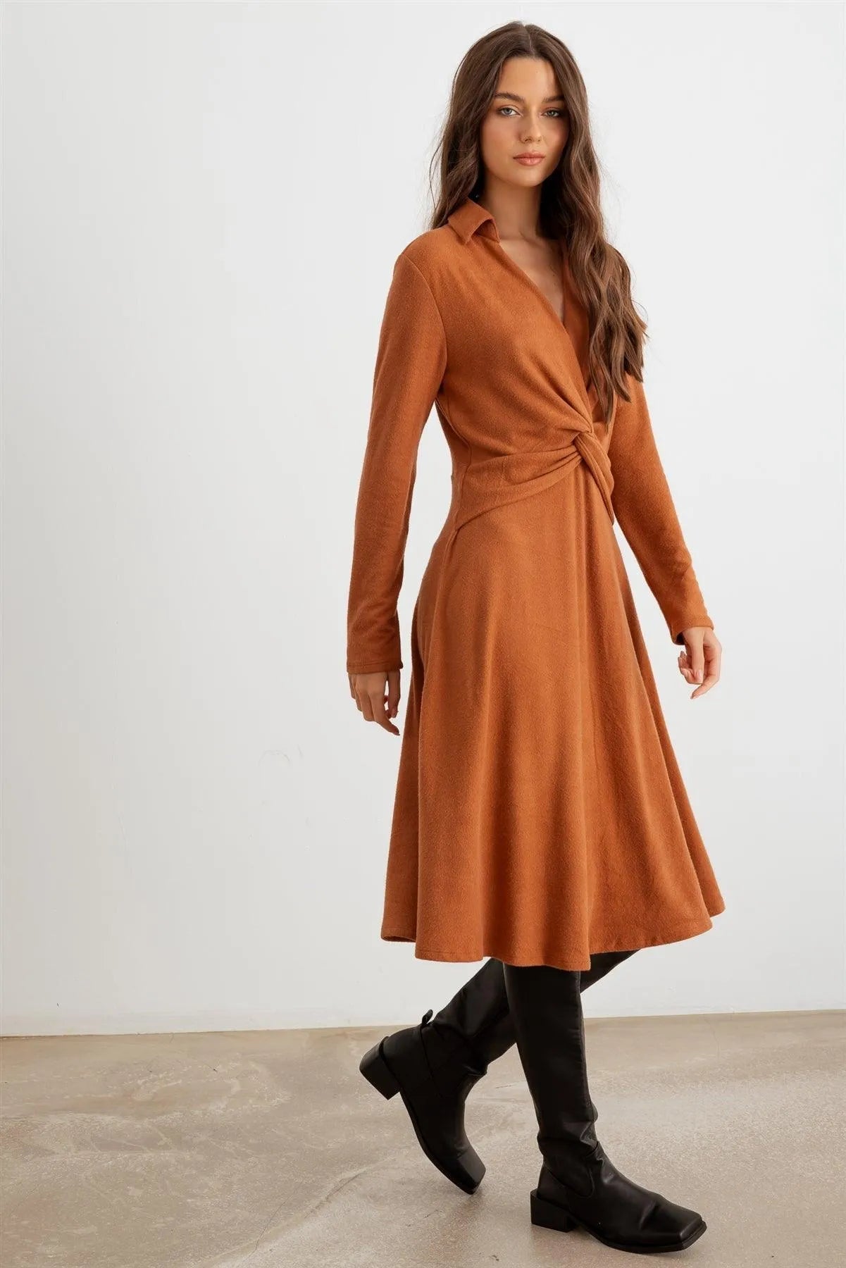 Rust Collar Neck Long Sleeve Twist Front Midi Dress /2-2-2 - Tasha Apparel Wholesale